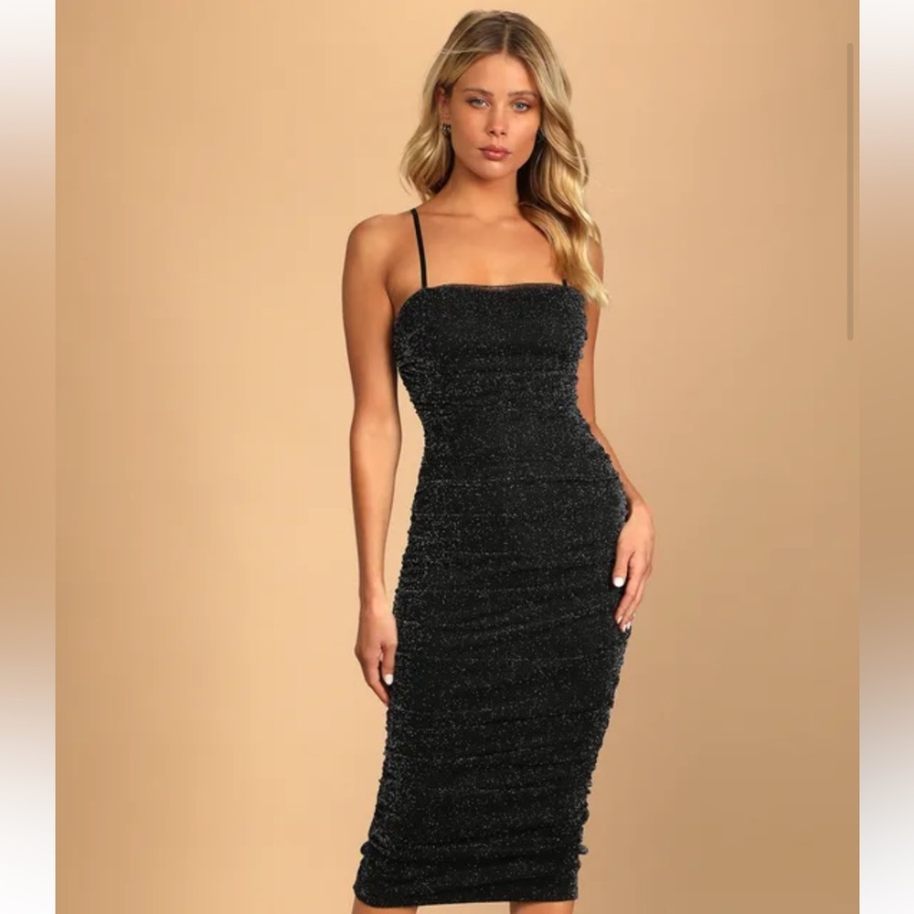 Lulus Here To Dazzle Black Metallic Ruched Mesh Bodycon Midi Dress - Size XS